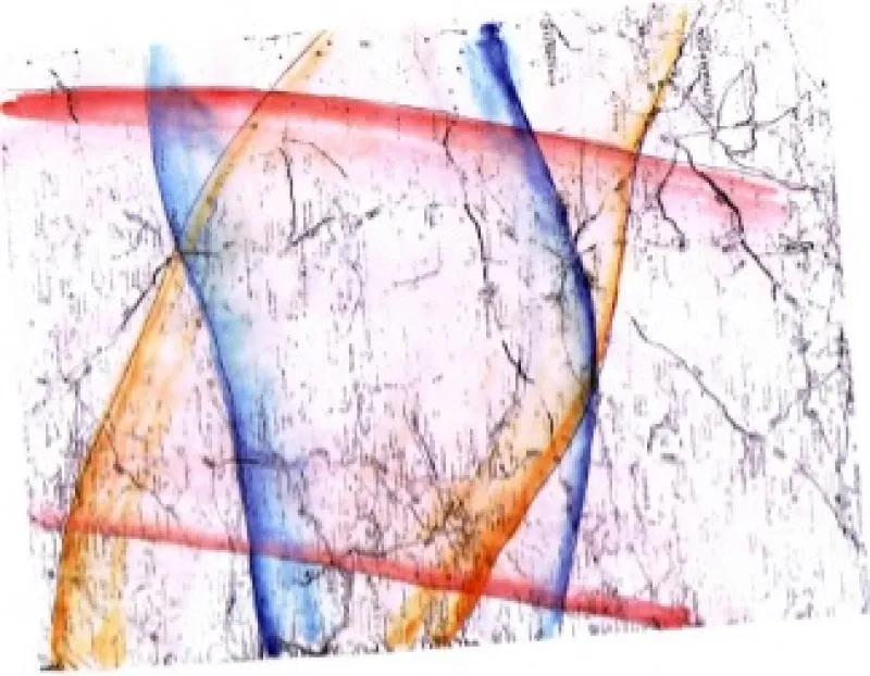 Picture 4a. Wiltshire - deep telluric currents LHS and Medium currents RHS - Red: polar current. Blue: Mexican current. Orange: European current.